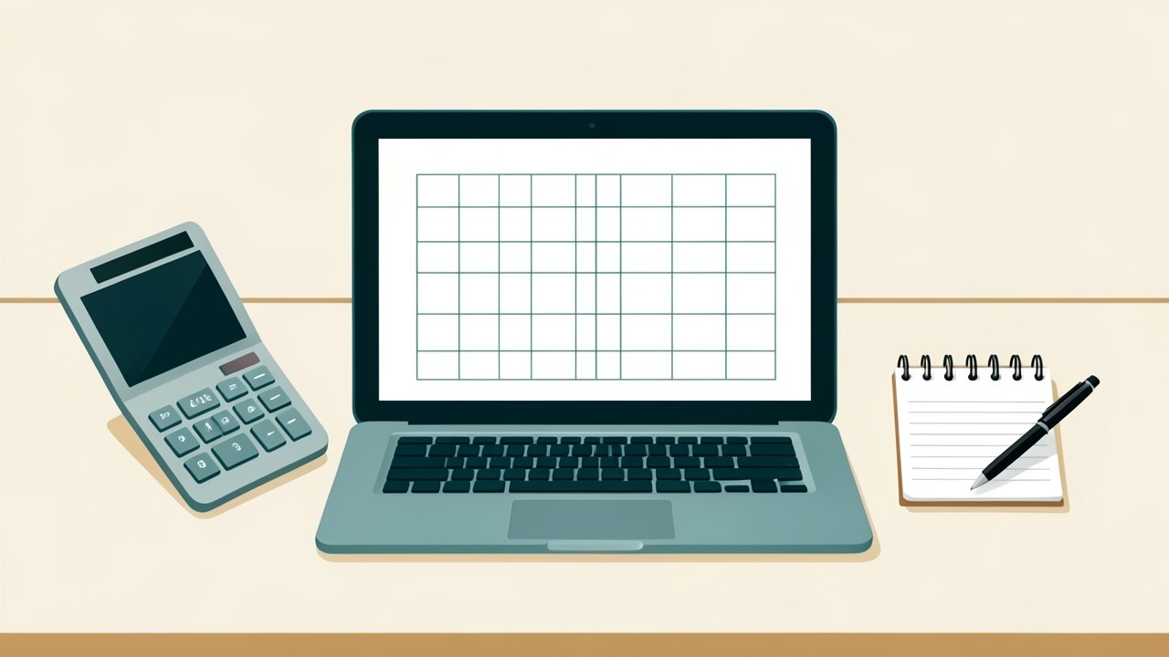 A laptop on a desk with a spreadsheet grid visible on the screen, and a calculator and notebook nearby, illustrating the process of building a schedule.