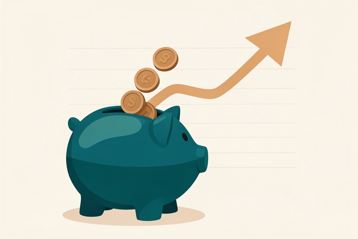 An illustration of an upward arrow representing savings from extra payments, with coins falling into a piggy bank and a calendar showing a shortened timeline.