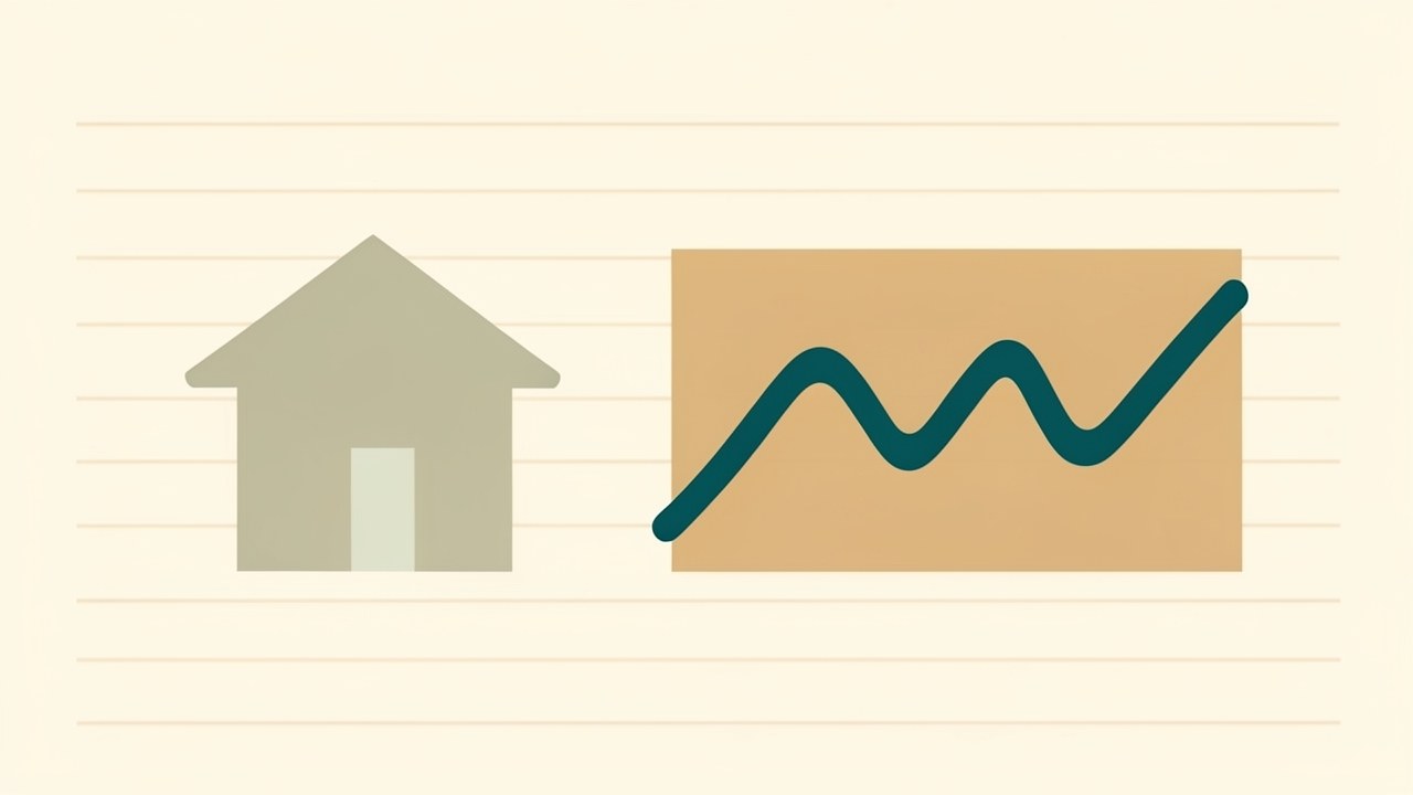 An illustration showing a house with a fluctuating line graph in the background, representing interest rate changes affecting the mortgage.