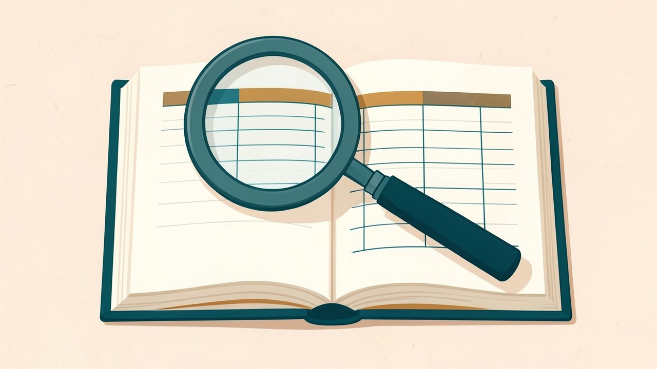 An open book with a magnifying glass over a page containing a table of terms, symbolizing a glossary.