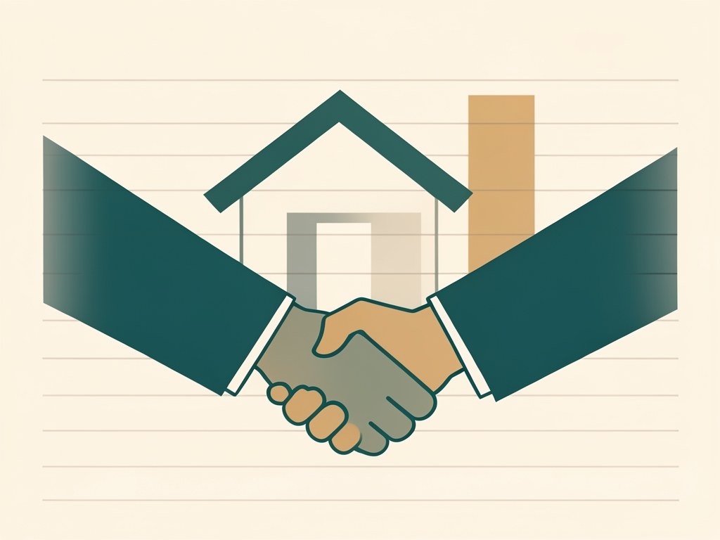 An illustration of a handshake in front of a house, symbolizing trust in financial guidance.
