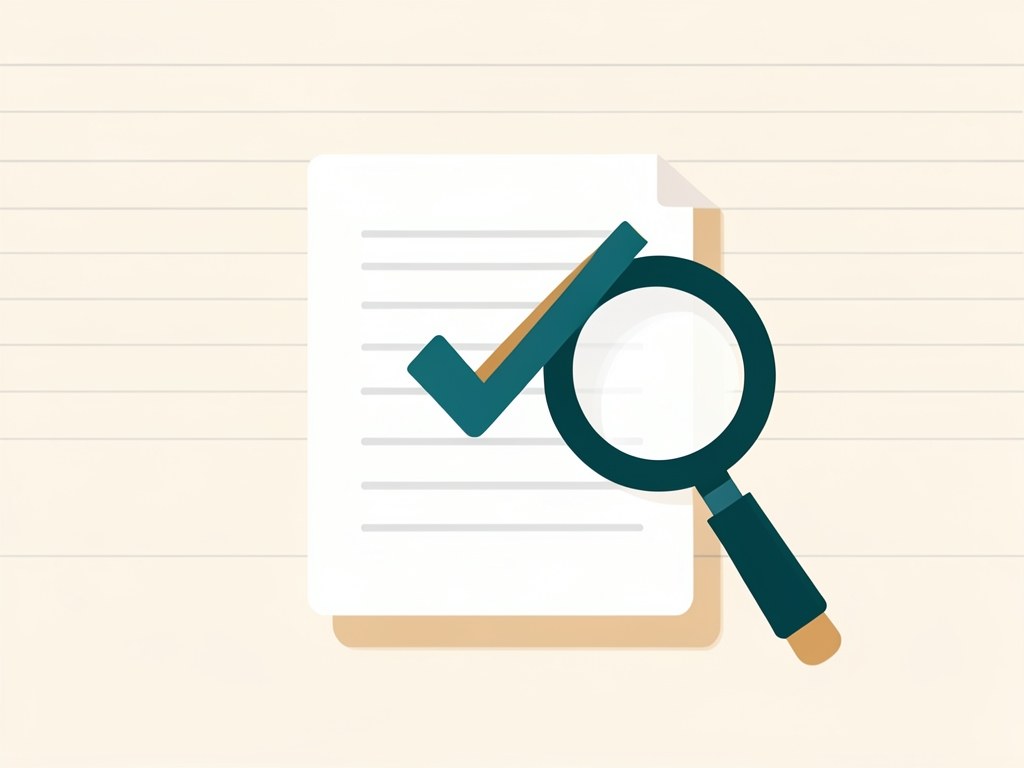 A stylized document with a checkmark and a magnifying glass, representing editorial review and accuracy.